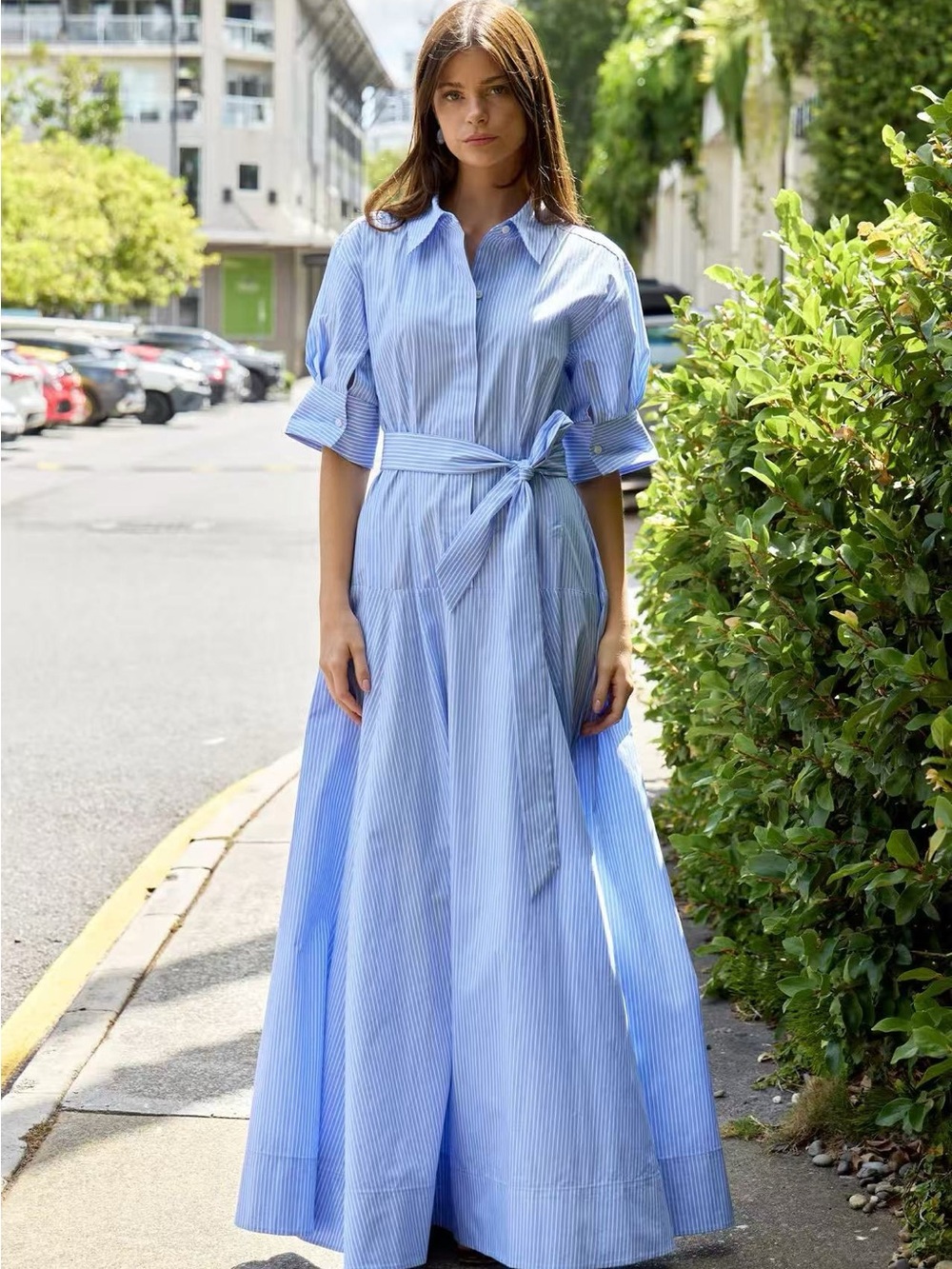 NWOT Simkhai Light Blue Striped Maxi Shirt Cotton Dress, Size US 6